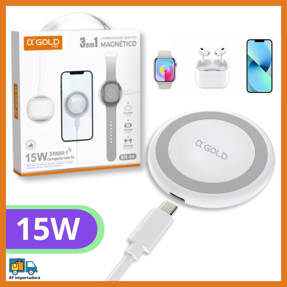 Carregador Magnético Magsafe Com Fio 15W 3 em 1 Para Fone (Air Pods), Celular iPhone, Relógio (Apple Watch) A'gold