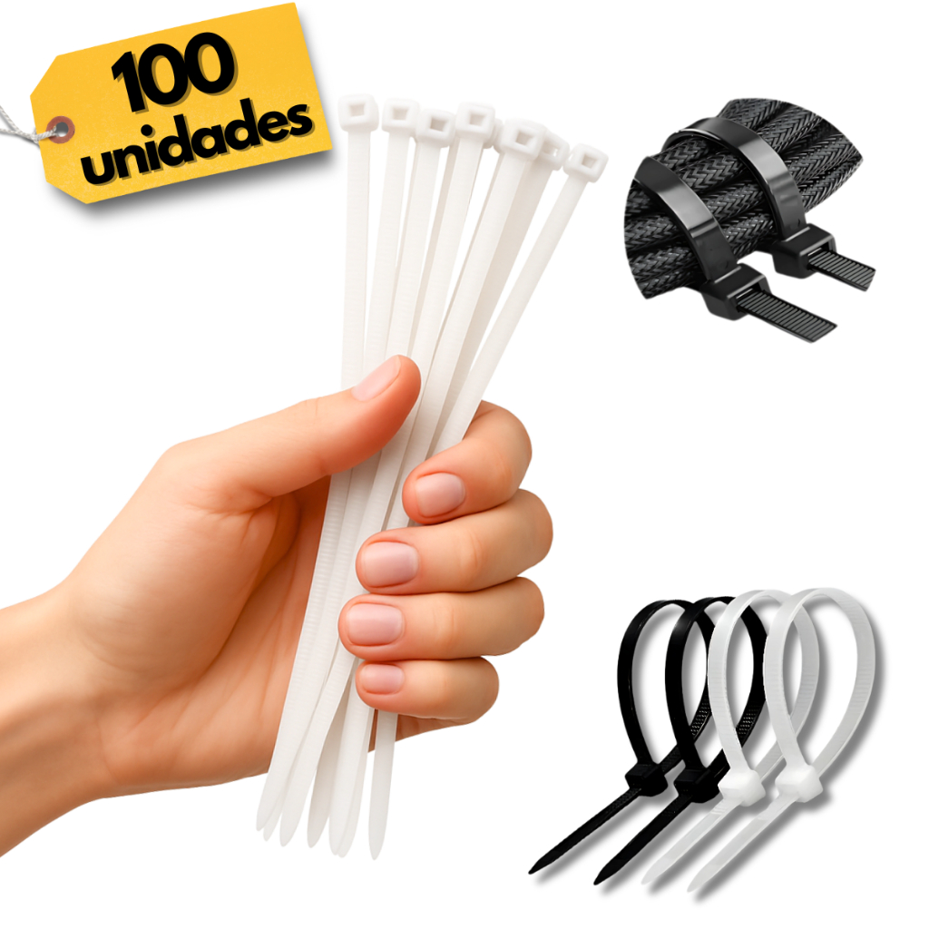 Kit com 100 Cintas Plásticas – Enforca Gato, Abraçadeira de Nylon, Preto/Branco - Tamanhos Variados