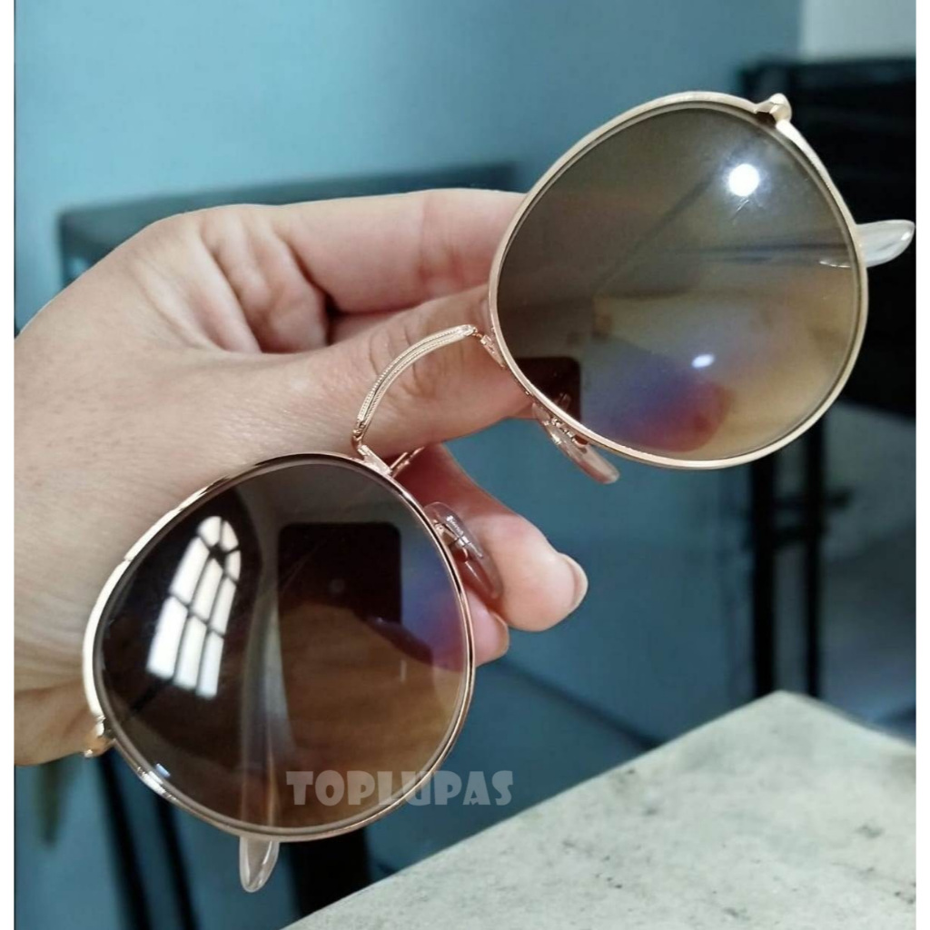 Oculos de Sol Round John Lennon Marrom Degrade Retro Lentes Cristal Metalizado Proteção Uv
