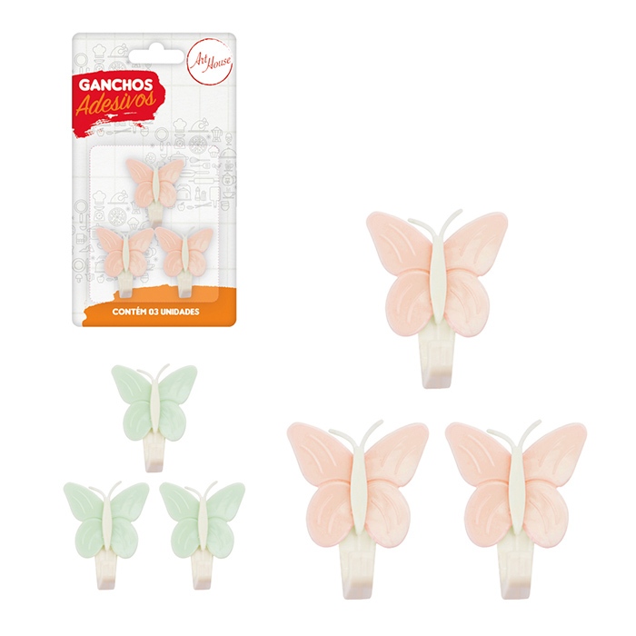 Gancho Adesivo C/3 Peças Borboleta Rosa