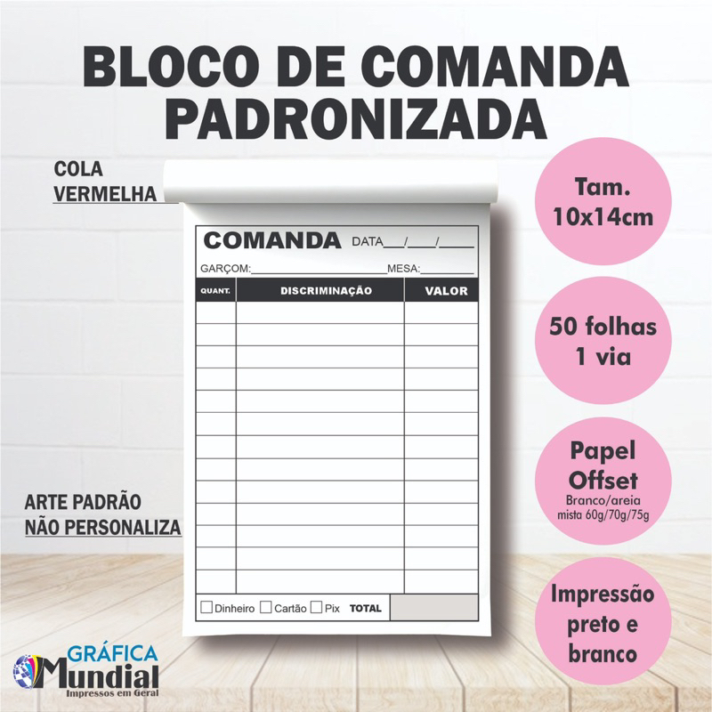 10 Blocos Comanda Padrão 10x14 c/50 folhas Lanchonete Barzinho Restaurante Delivery Papelaria