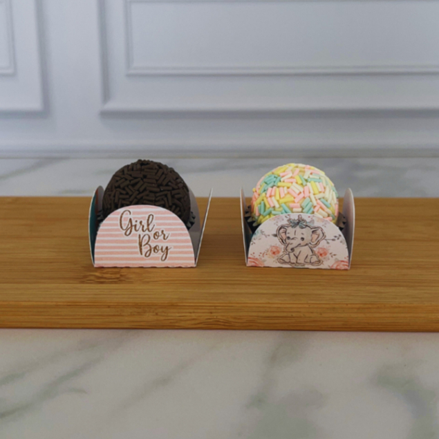 Forminha de doce brigadeiro Personalizada CHÁ REVELAÇÃO ELEFANTINHO – 4 pétalas – Festa de chá revelação – Lembrancinha