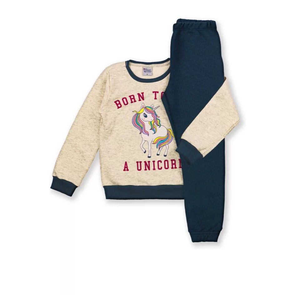Conjunto Infantil em Moletom Cinza Mescla e Azul Marinho com Estampa de Unicórnio Menina