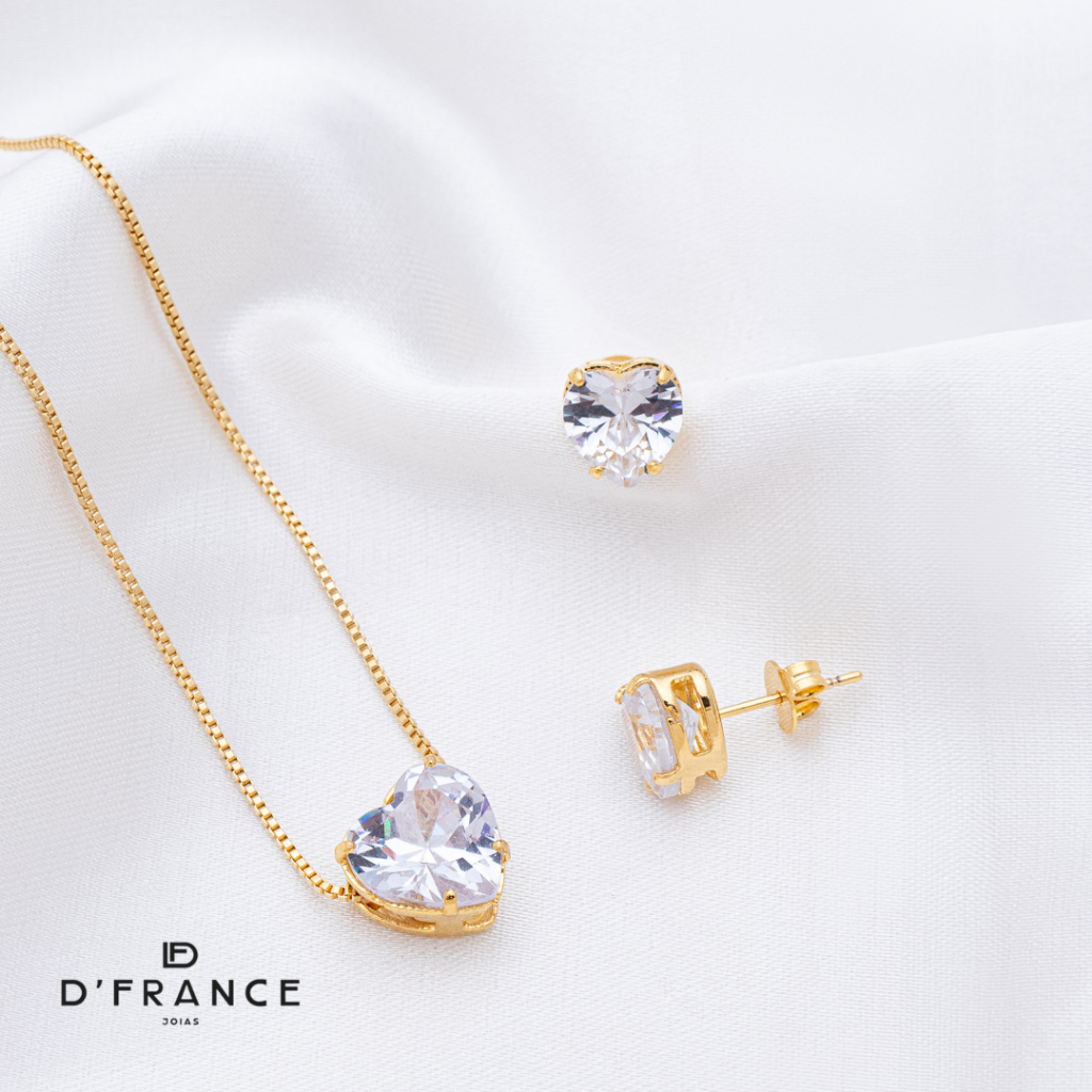 Conjunto Brinco e Colar Coração Cristal Banhado a Ouro 18K - D France Semijóias