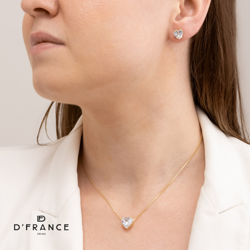 Conjunto Brinco e Colar Delicado Coração Cristal Banhado a Ouro 18K - D France Semijóias