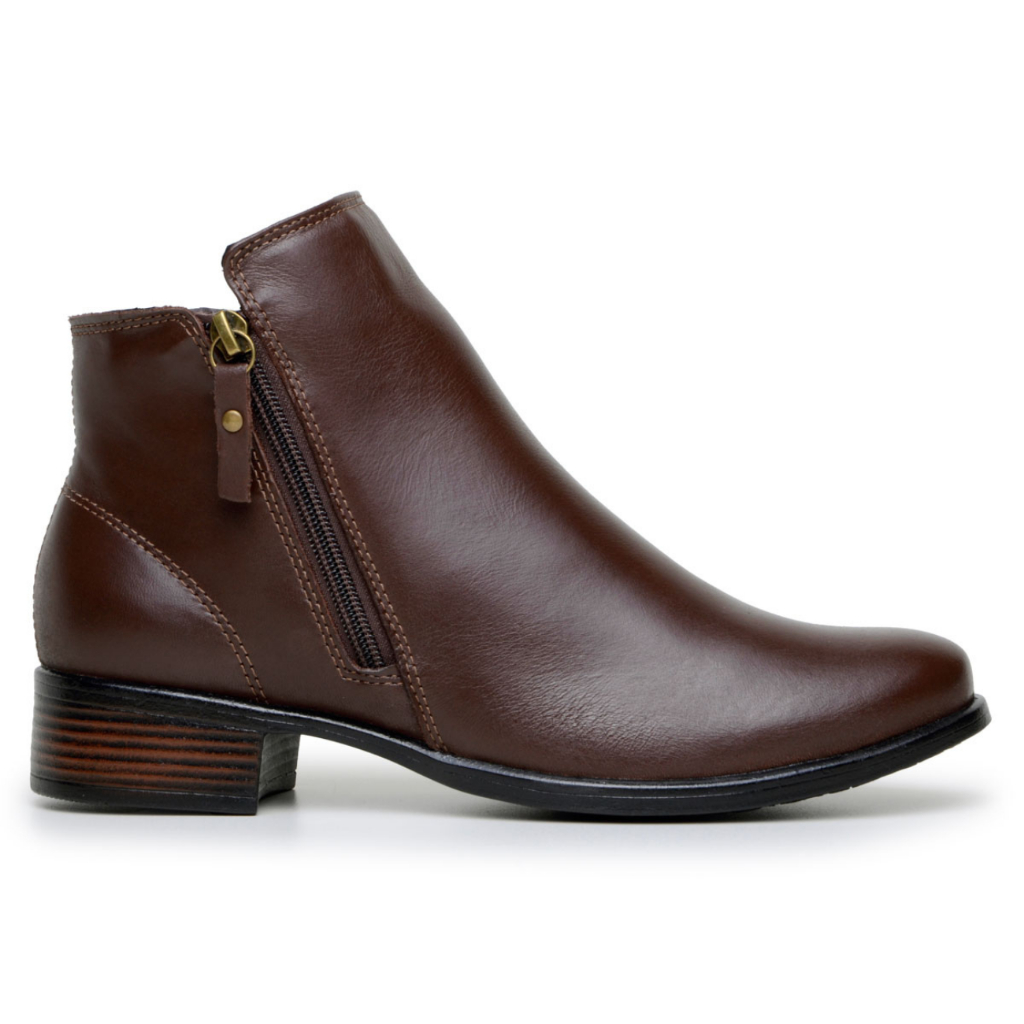 Bota Casual Montaria Couro Legitimo Feminina Country Salto Baixo Botinha Bico Redondo 2 Zíper Marrom