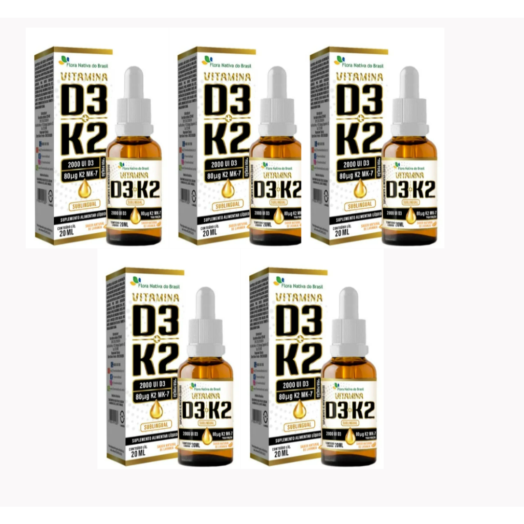 Kit 5x Vitaminas em gotas D3 + K2 Mk-7 2000ui 20ml (sabor laranja) - Flora Nativa