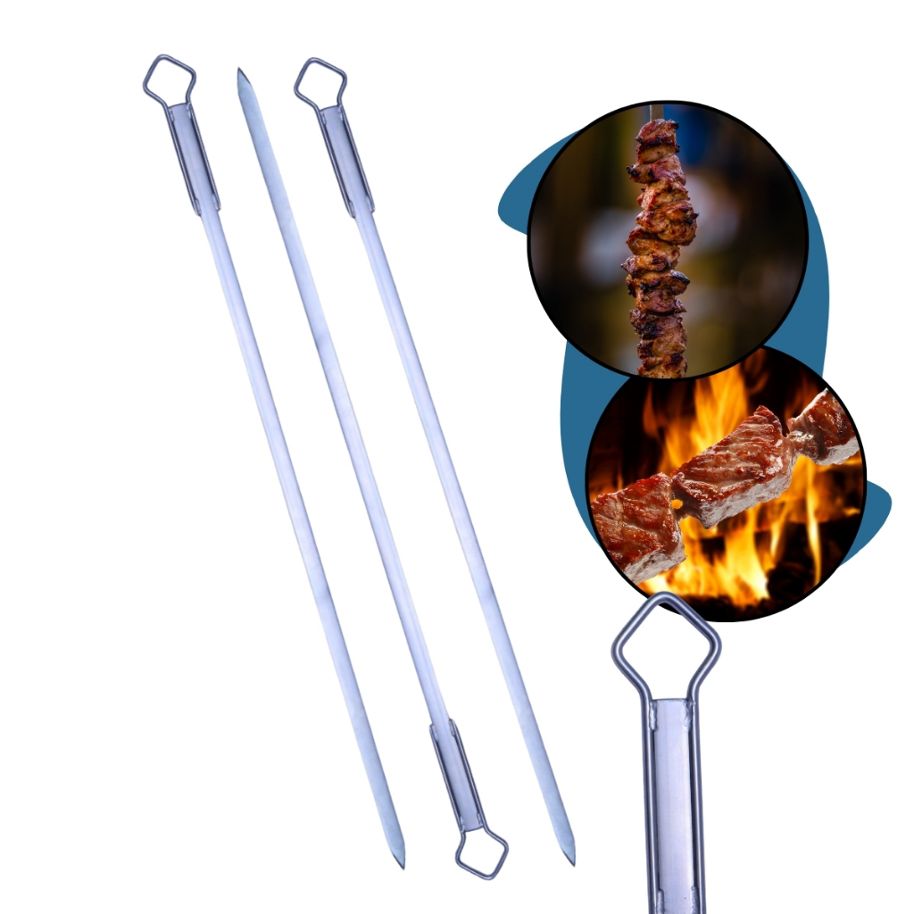 Kit Inox Reforçado 3 Espetos Chato Assar Aço Inteiro Suporte Inteiriço Grill Carne Costela Asa Frango Linguiça Churrasco