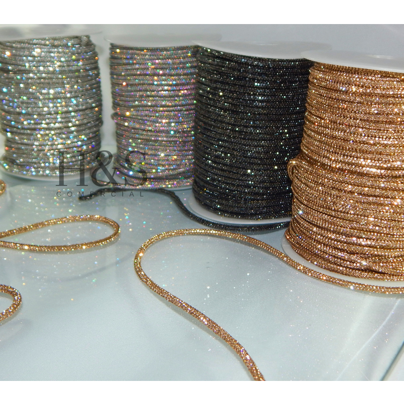 Cordão tubo (cadarço) Strass Slim Cristal/Grafite/Boreal/Dourado/Rose premium 3,5mm 10 a 50 metros em Oferta na Shopee