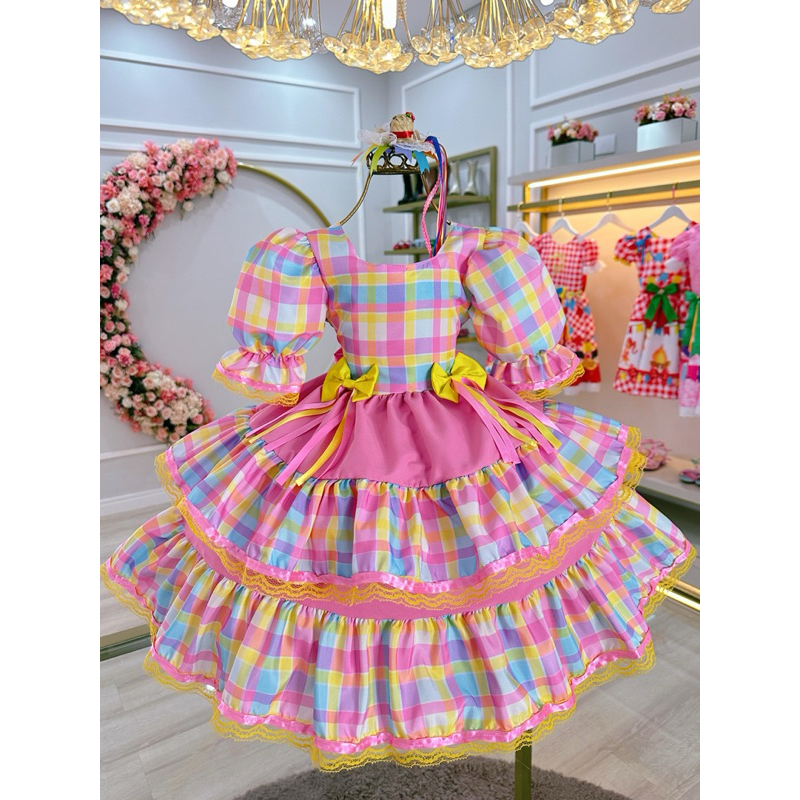 Vestido para Meninas Infantil Festa Junina Estampa Xadrez Caipira em Oferta na Shopee