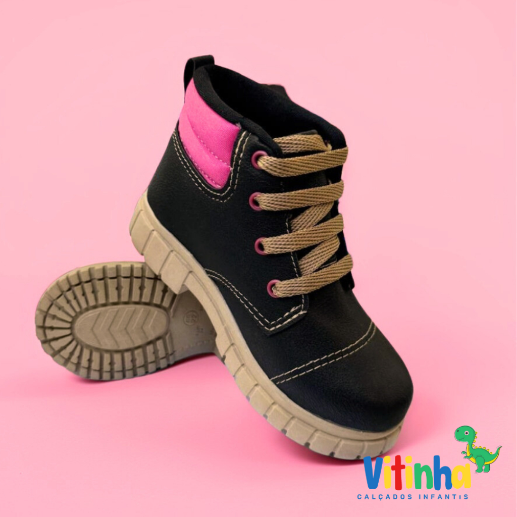 Botinha Coturno Menina Infantil Bota Princesa Bebê Cowntry B2018 PRETO PINK