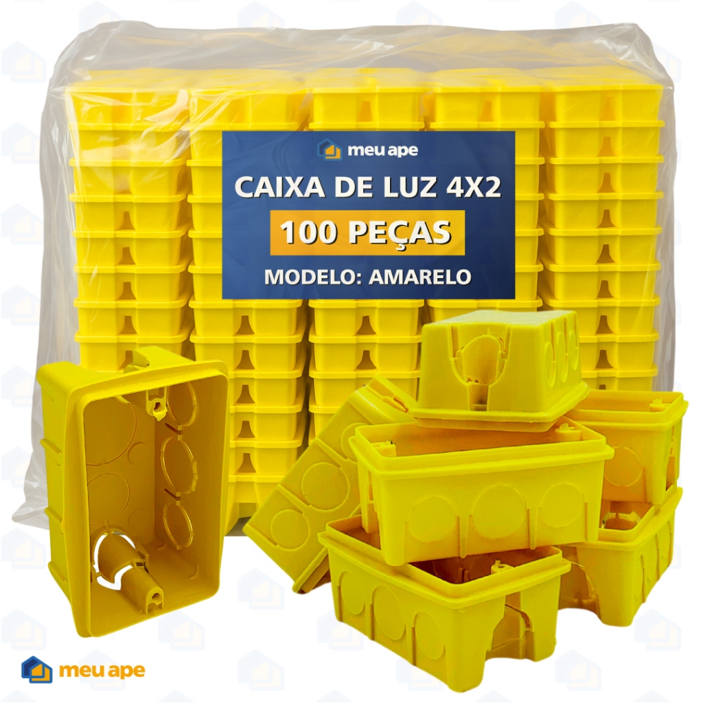 100 Caixa de Luz 4x2 Reforçada P/ Tomada Interruptor Embutir Amarelo Preto Energia