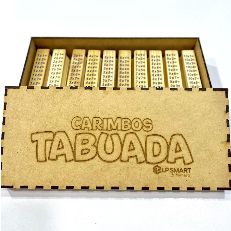 Kit 10 Carimbos Pedagógicos Tabuada 2x8cm + Almofada + Caixa Mdf estojo material escola professor