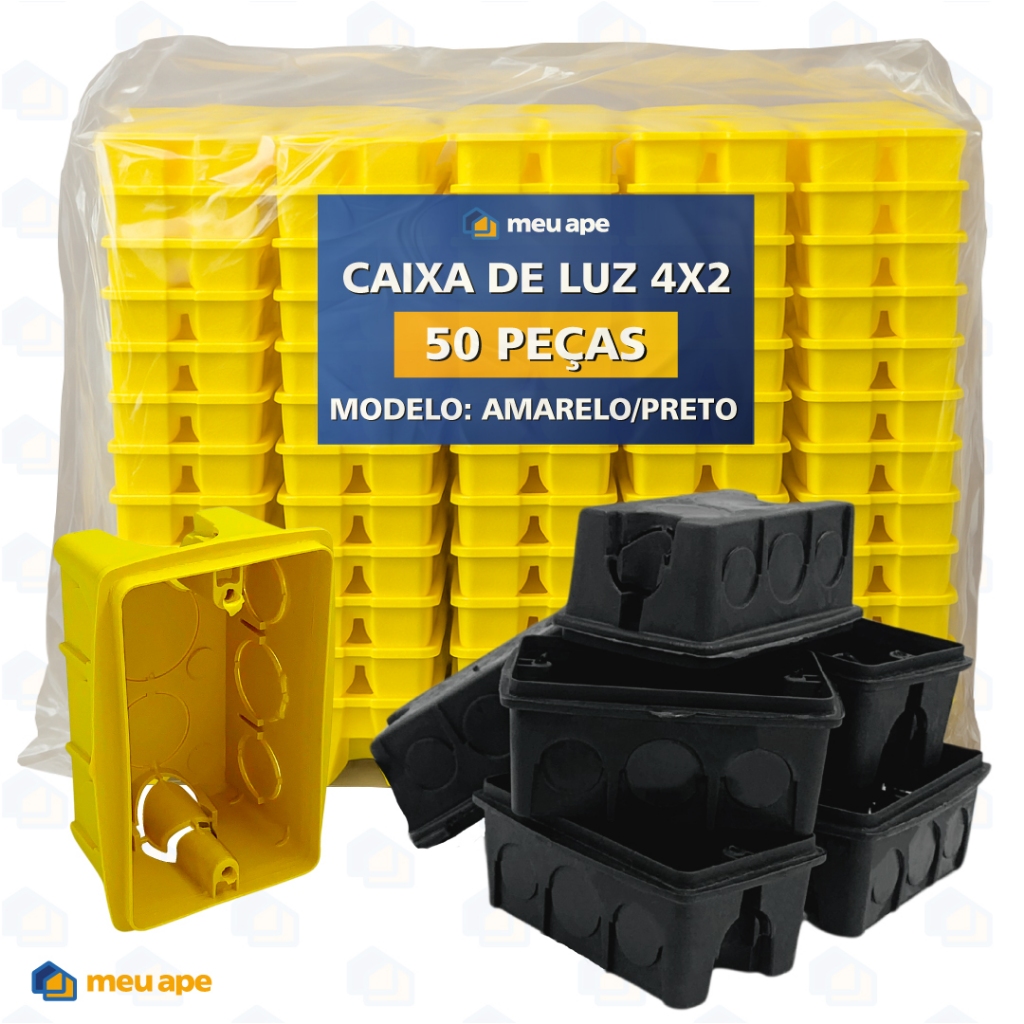 50 Caixa de Luz 4x2 Reforçada P/ Tomada Interruptor Preto/Amarelo Energia Embutir Meu Ape