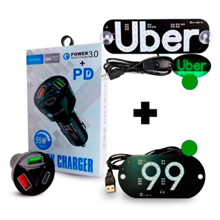 Kit Placa Led Motorista Aplicativo 99 Azul + Carregador Veicular Turbo USB 3.0 e USB-C em Oferta na Shopee