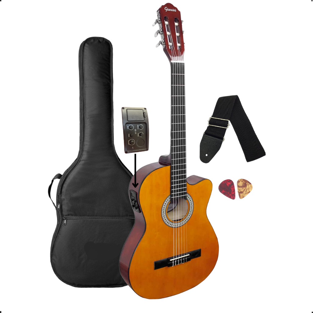 Violão Nylon Elétrico Adulto Flat Giannini Start NF-14 CEQ NT Natural Brilhante Cutway + Acessórios