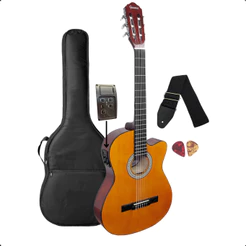 Violão Nylon Elétrico Adulto Flat Giannini Start NF-14 CEQ NT Natural Brilhante Cutway + Acessórios