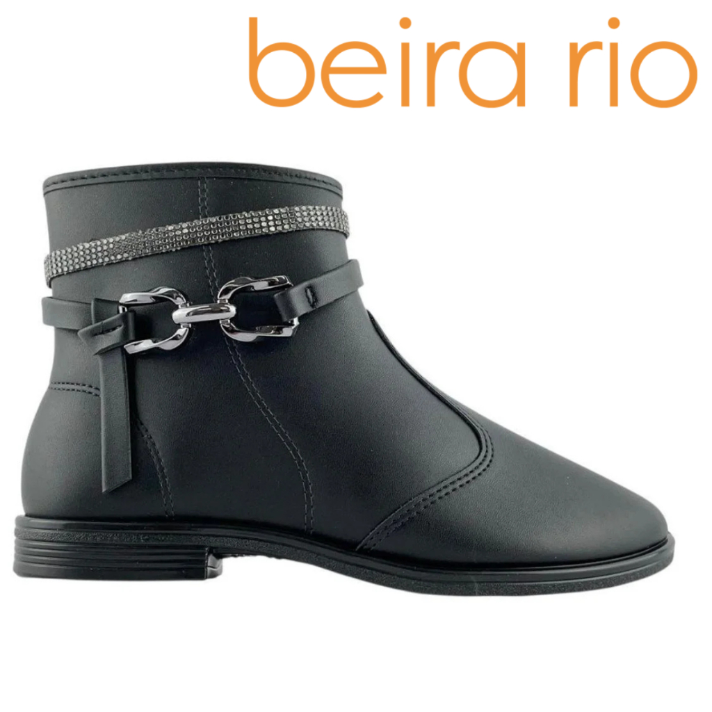Bota Beira Rio Original Coturno Feminina Baixa Brilho Casual Cano Curto Salto Fivela Zíper Rasteira