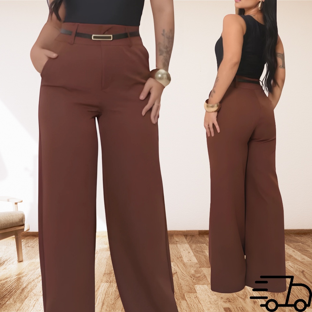 Calça pantalona alfaiataria Marrom cinto incluso, MAIS DE DEZ CORES, do PP ao G3 em Oferta na Shopee