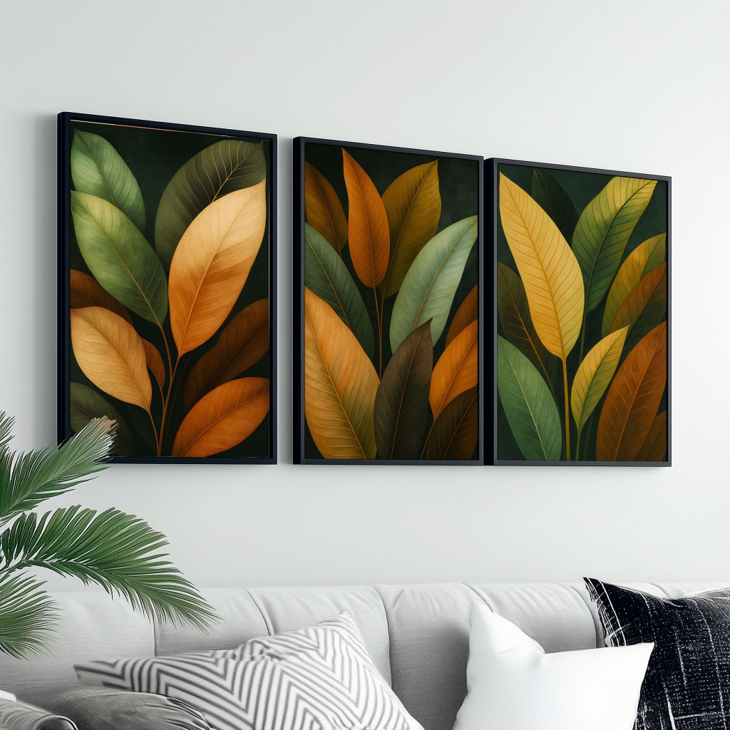Conjunto Quadros Decorativos Com Moldura Folhagem Grande Luxuoso Para Sala Quarto Moderno