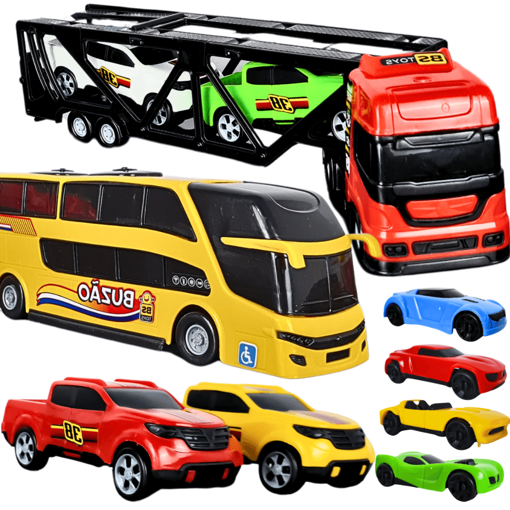 Kit Carrinho Brinquedo Caminhão 8 Pçs Cegonha Completo Ônibus Miniatura Presente Menino em Oferta na Shopee