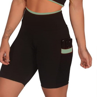 Promoção Short Feminino Fitness Academia com Bolso de Tela Porta Celular | B004 em Oferta na Shopee