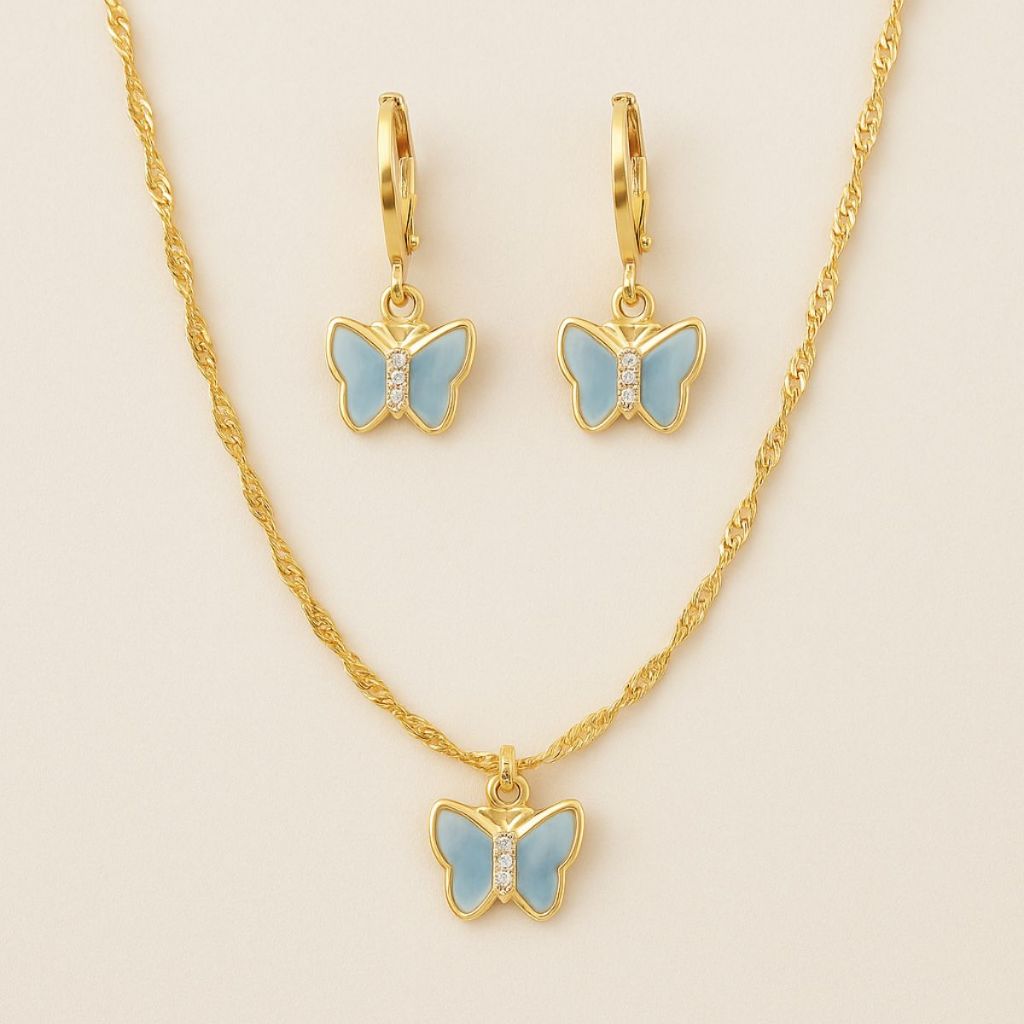 Conjunto Kit Colar e Brinco Banhado a Ouro Borboleta Azul Conjunto Infantil ou Adulto Antialérgico com Garantia