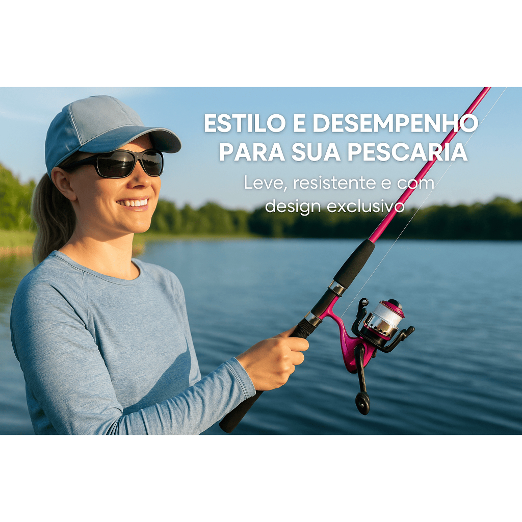 Kit de Pesca Rosa Completo | Vara 1,35m + Molinete + Linha | Pesqueiro e Lazer Feminino