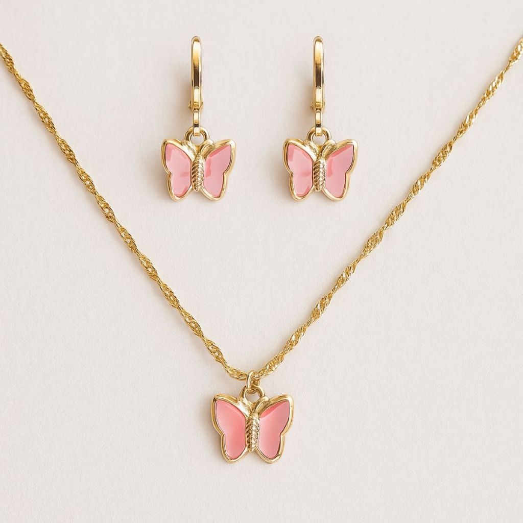 Conjunto Borboleta Rosa Semijoia Banhada a Ouro 18k