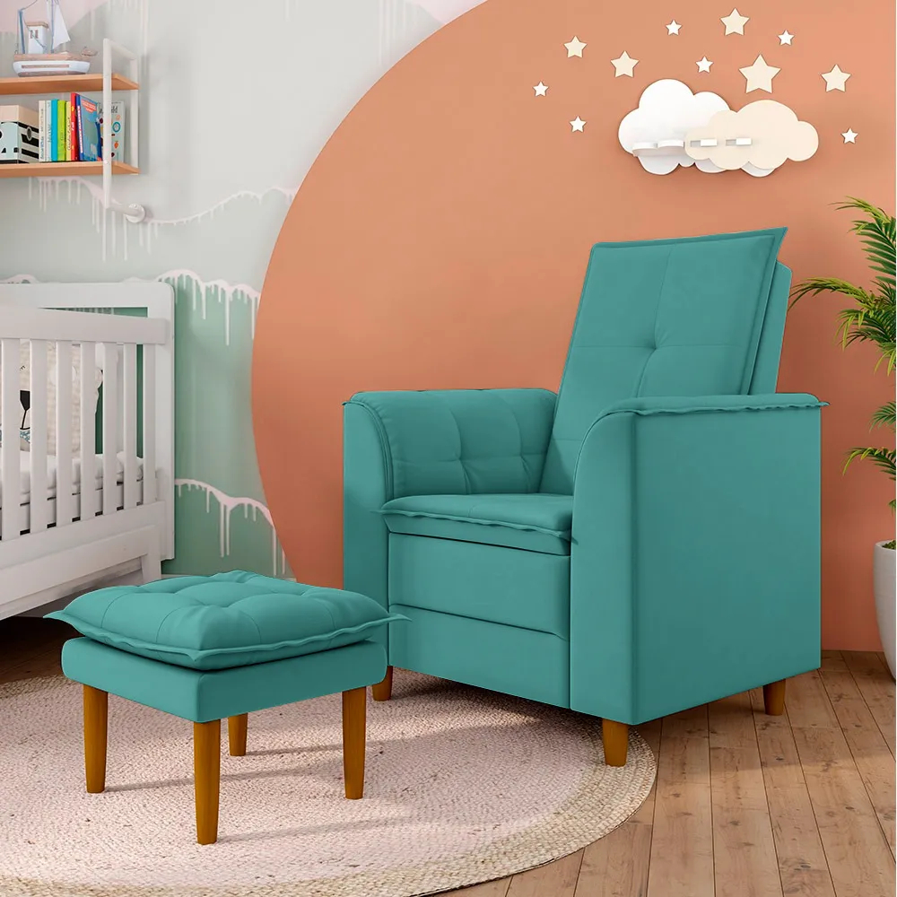 Poltrona Cadeira Amamentação Luxo Suede Azul Tiffany + Puff