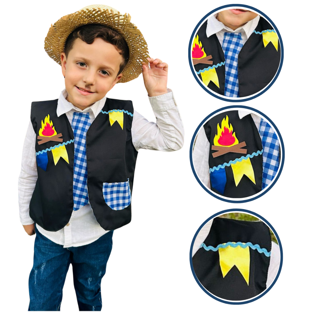 Colete Caipira Infantil Menino Azul e Preto Festa Junina 0036