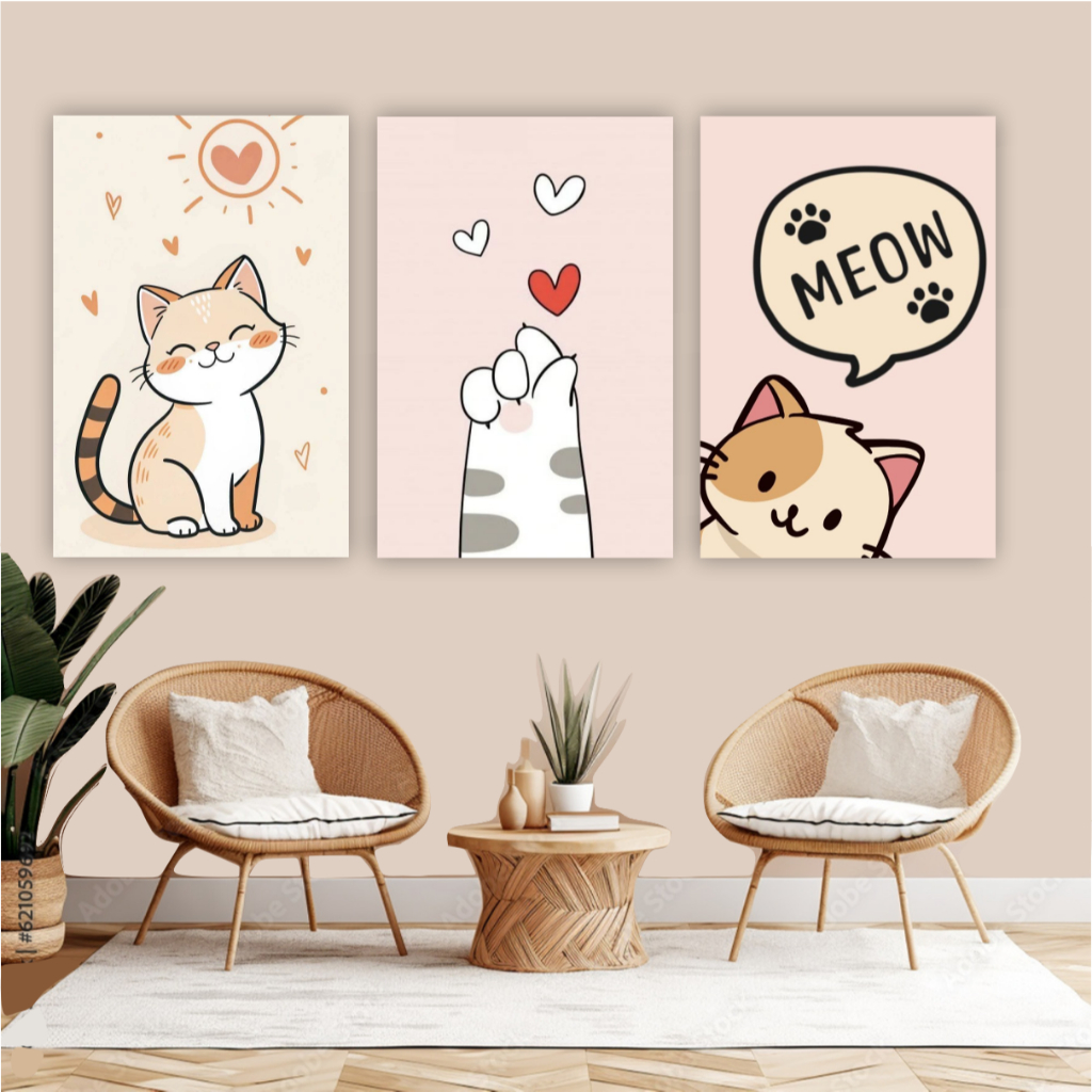 Quadro decorativo 3 peças gatinhos fofos coração decoração para quarto adolescente menina
