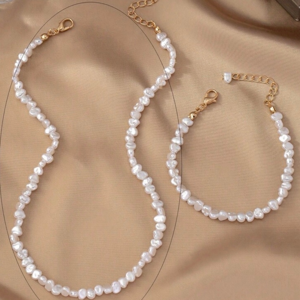 KIT Colar Pérola + Pulseira Pérola Banhado a Ouro 18k