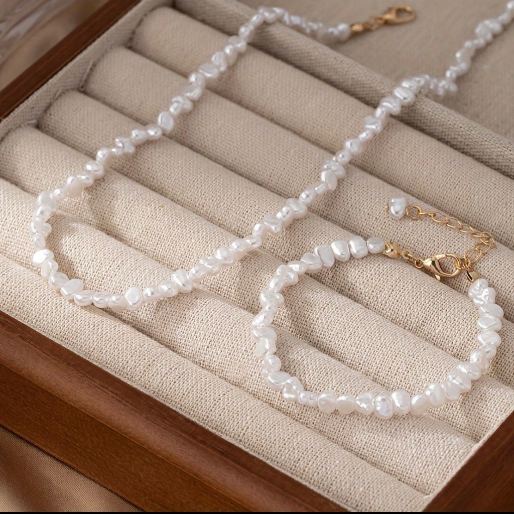 Conjunto Colar E Pulseira Com Pérola Barrocos natural Branco Retrô Para Mulheres/Bijuterias/Combina Tudo Diariamente