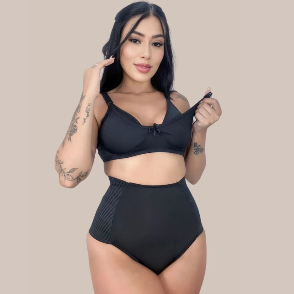 Conjunto Amamentação Sutiã Liso pós parto Calcinha alta compressão forro 100% algodão maternidade