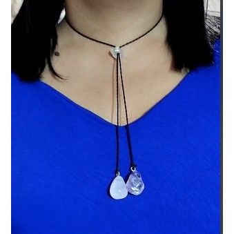 Colar de pedra natural Longo Gravatinha com Ametista e Quartzo Rosa