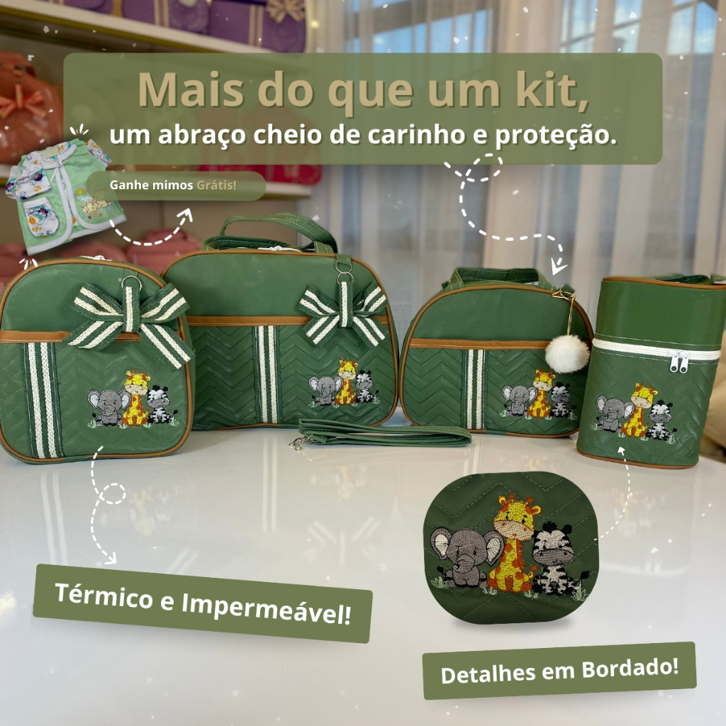 Kit Bolsa Maternidade Safári 5 peças Completo com Mala e Mochila para Bebê Menino/Menina