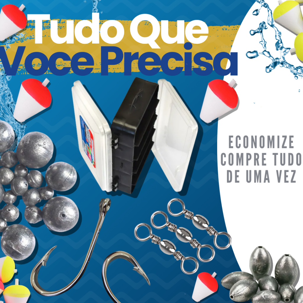 Kit de Pesca Completo Com Estojo Organizador Barato e Pratico Pescaria Anzol Chumbada Boia Girador