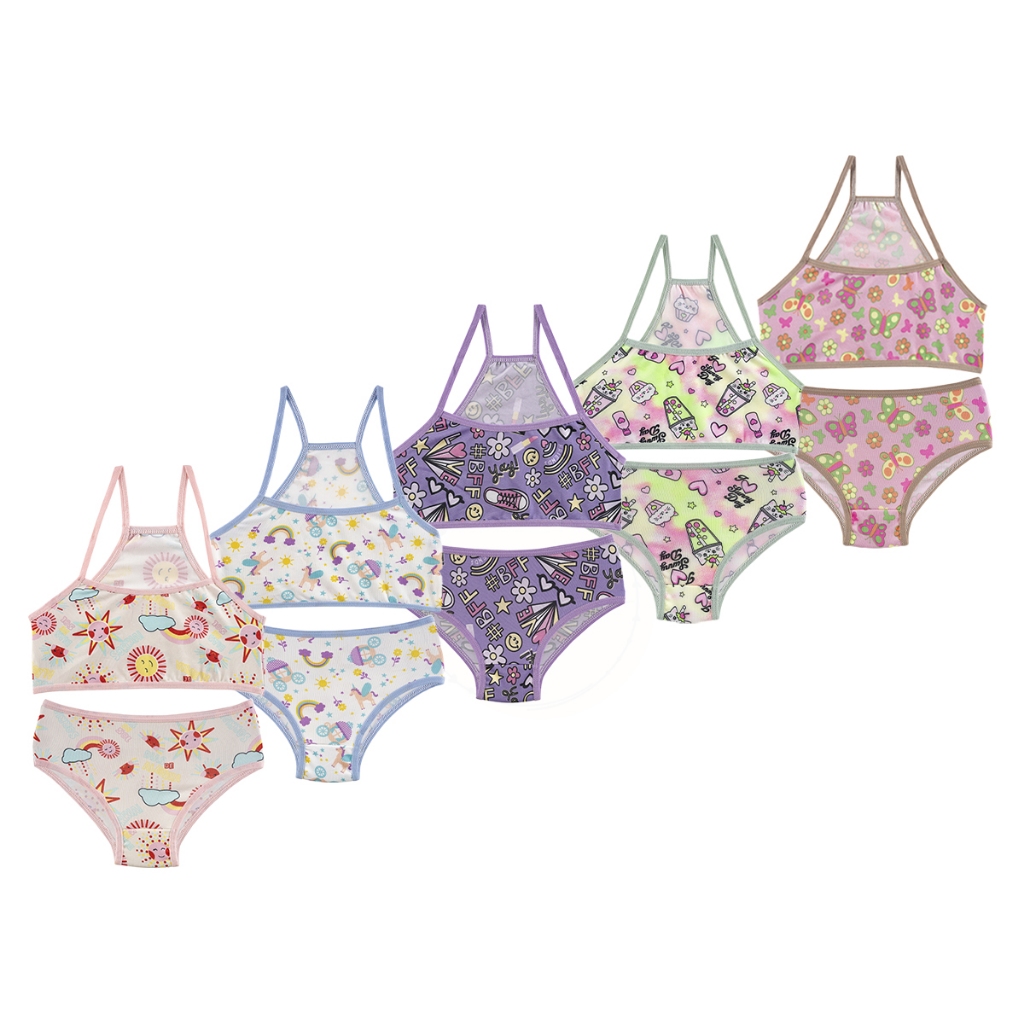 Kit 5 Conjunto Infantil Menina Moça Estampado Microfibra Top e Calcinha