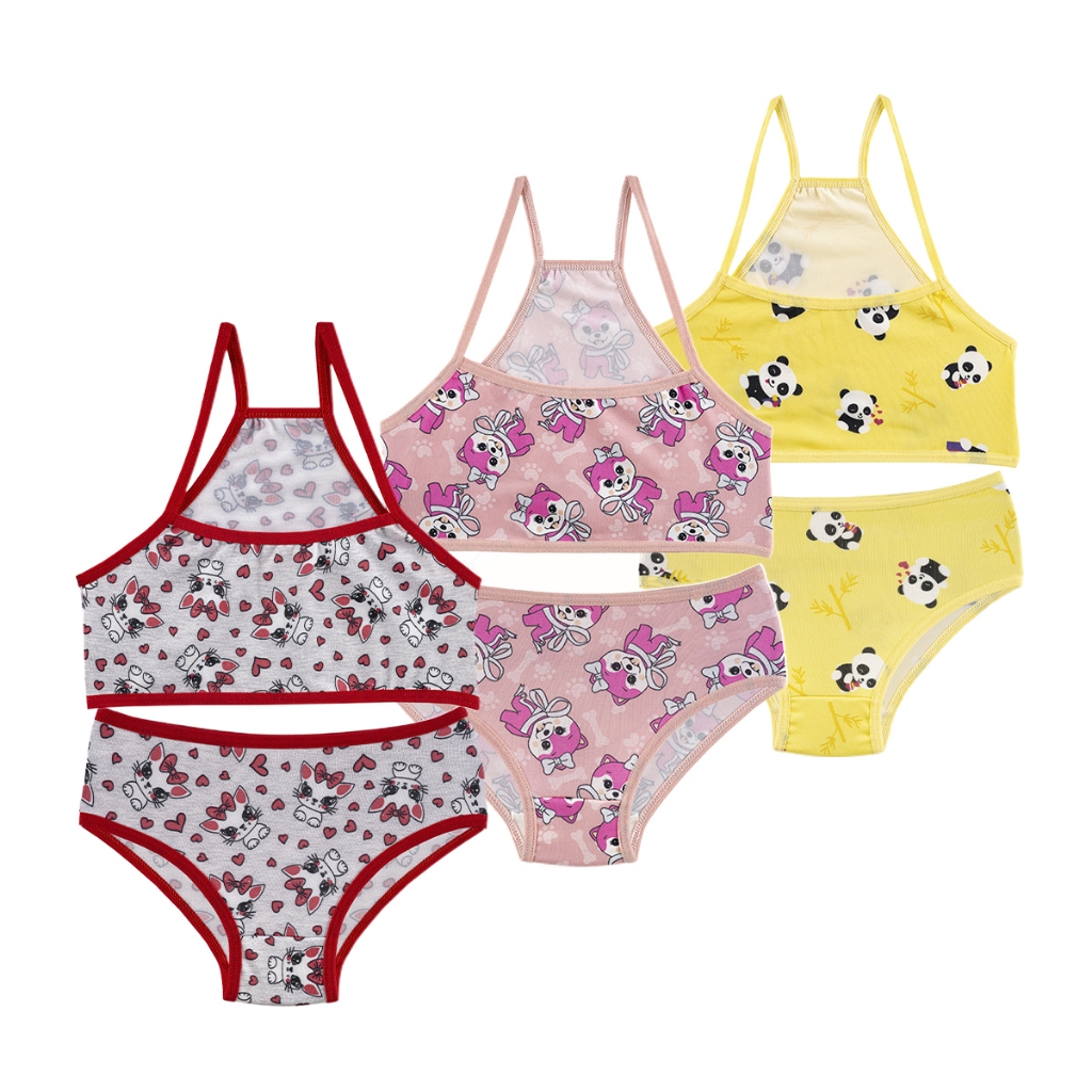 Kit 3 Conjunto Infantil Menina Moça Estampado Microfibra Top e Calcinha Atacado