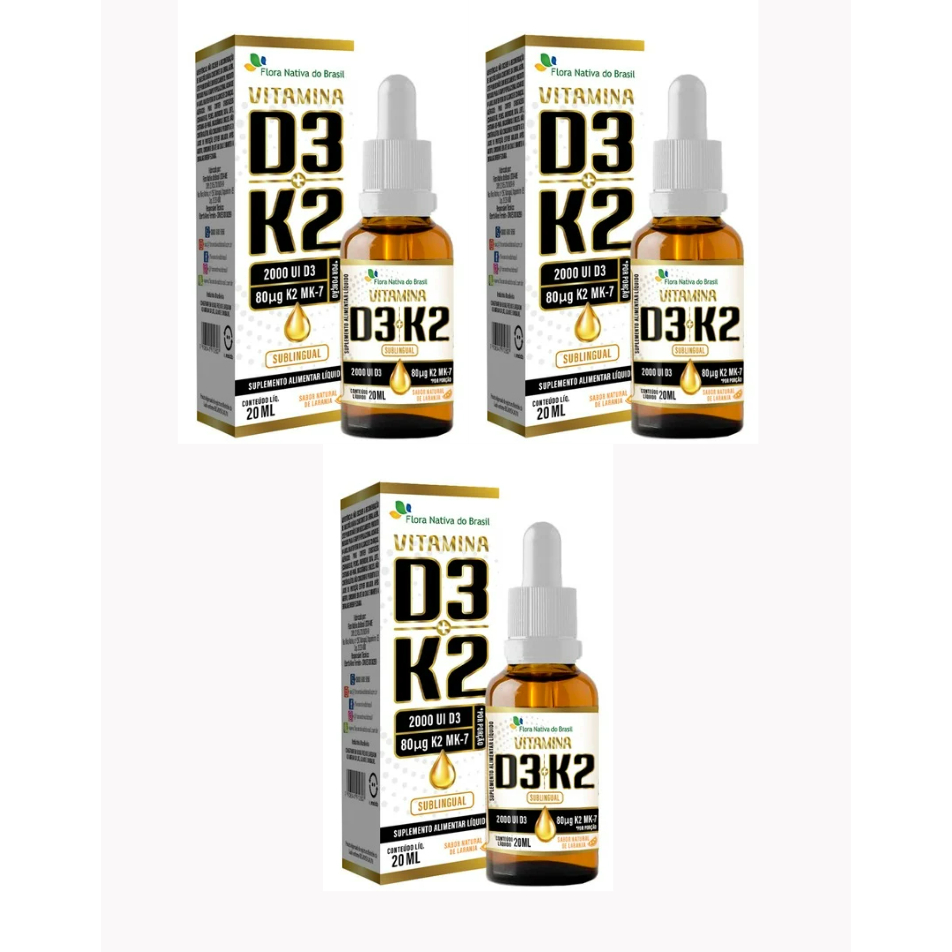 Kit 3x Vitaminas em gotas D3 + K2 Mk-7 2000ui por porção (sabor laranja) - Flora Nativa
