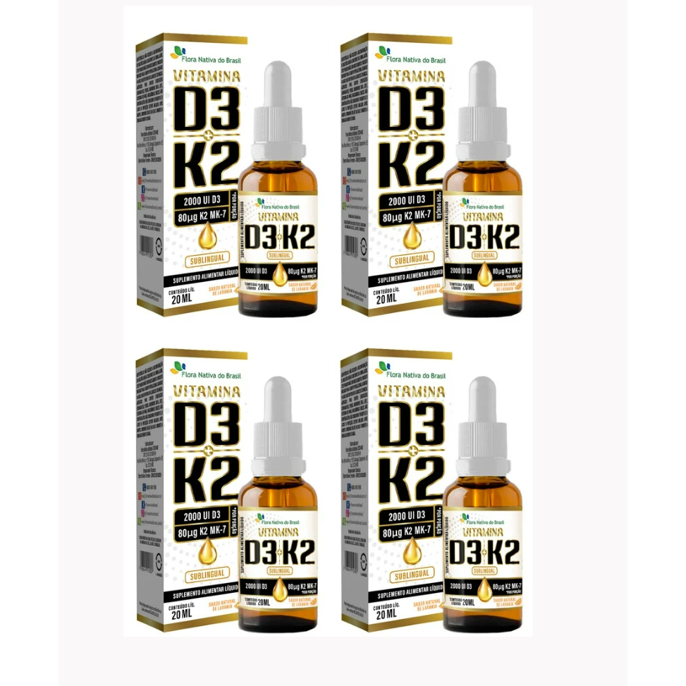 Kit 4x Vitaminas em gotas D3 + K2 Mk-7 2000ui por porção (sabor laranja) - Flora Nativa