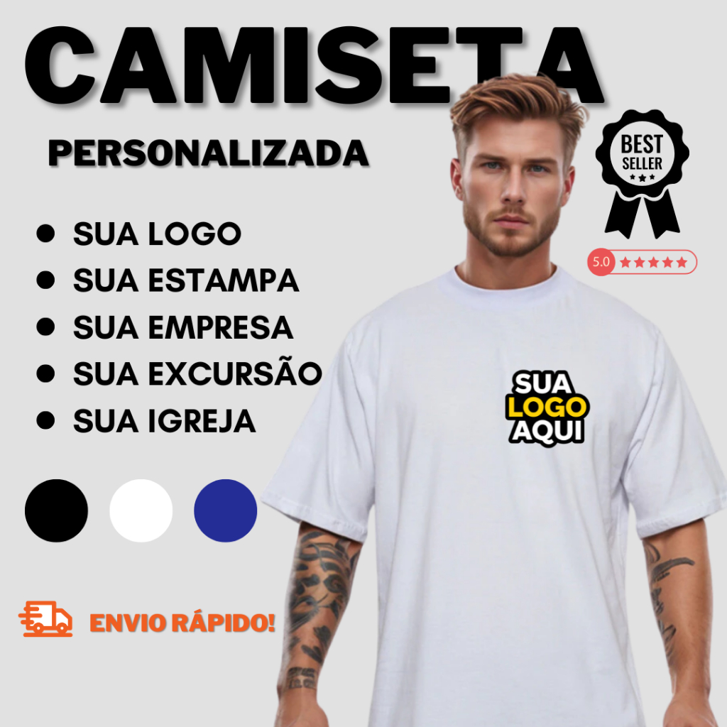 Camiseta Personalizada Premium 100% Algodão Com Sua Logo Branca Preta Azul Empresa Estampa 30.1