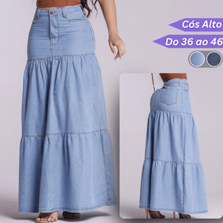 Saia Jeans Longa Feminina Evangélica Leve Sem Lycra 3 Marias Cós Alto Rodada Casual Confortável em Oferta na Shopee