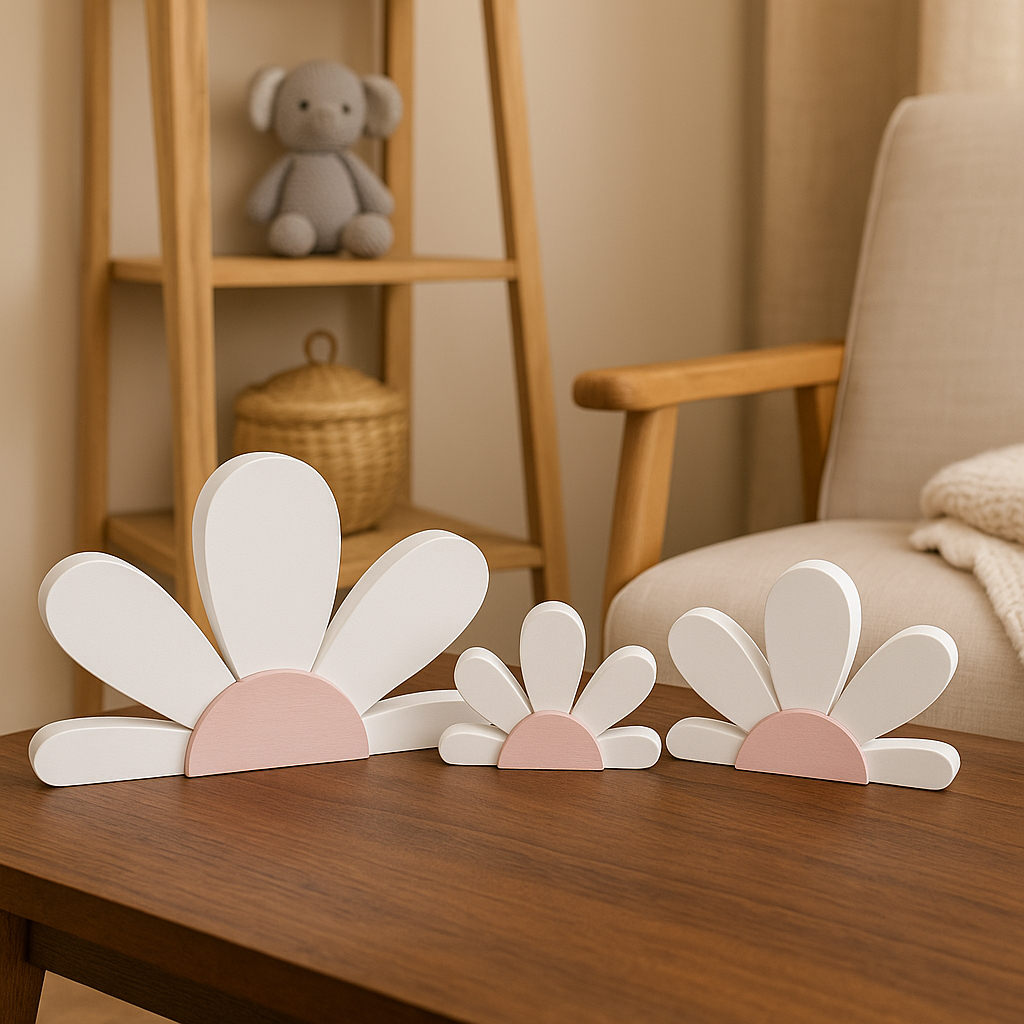 Trio Margarida Decorativa MDF bco/rosa – Kit 3 Peças para Quarto Infantil, Nicho e Festa