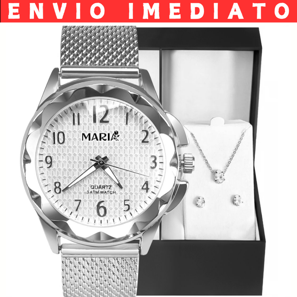Relógio Feminino Luxo A Prova D Água com Strass Prata Aço Inox + Brincos + Colar Aço Inox Caixa Kit em Oferta na Shopee