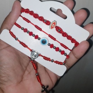 MIX PULSEIRA DE PROTEÇÃO , KABALLAH, TERÇO DE MÃO,  OLHO GREGO COM FECHO REGULÁVEL NA COR VERMELHA
