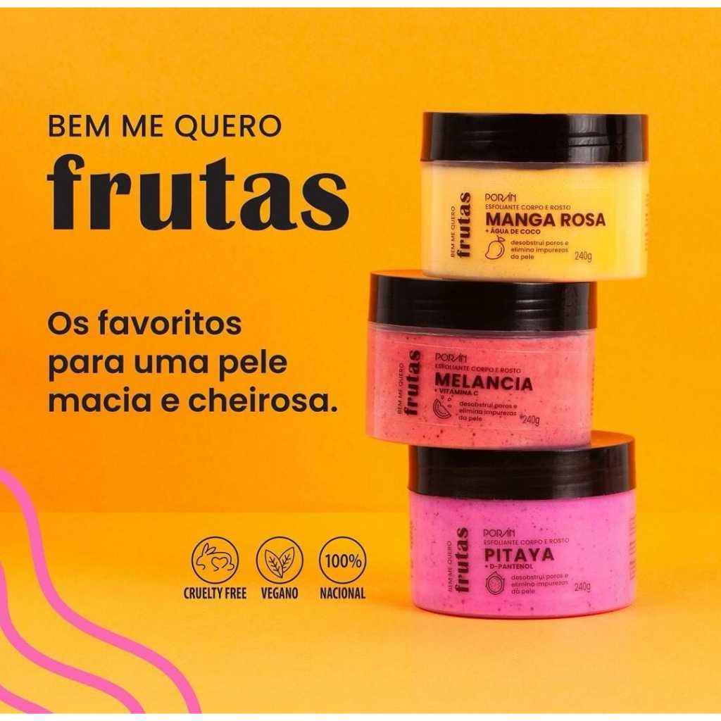 Esfoliante Poran 240g para Corpo e Rosto – Frutas Naturais, Vegano, Suave e Eficaz Skincare