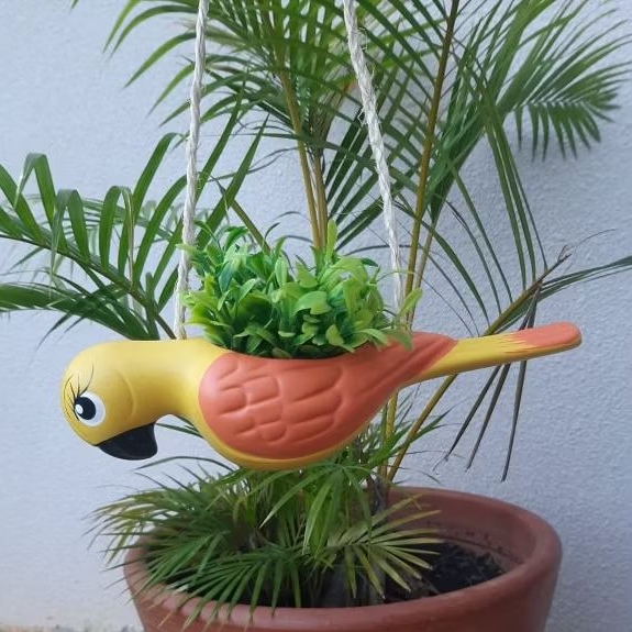 Vaso passarinho amarelo pendente (cachepot cerâmica) não acompanha flores!