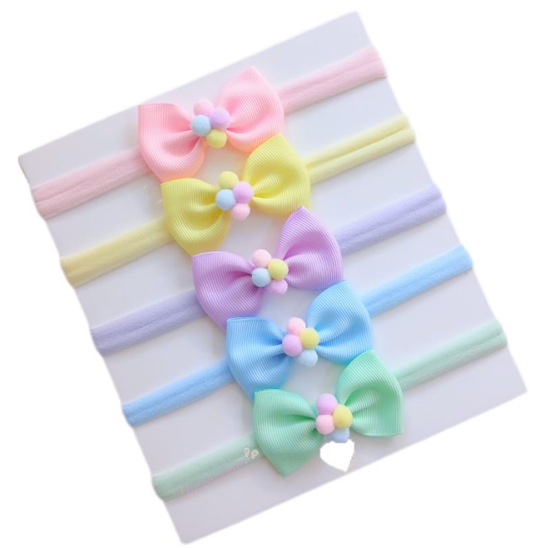 Kit 5 Laços Pompom Na Faixa Em Meia De Seda Para Bebê